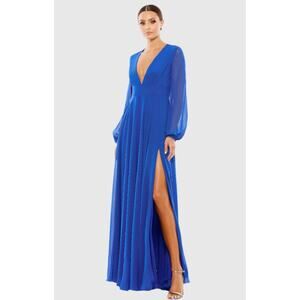 Ieena For Mac Duggal V-Neck Illusion Long Sleeve Chiffon Gown Size 14  NWOT Blue